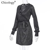 Chicology glitter wrap mini dress V neck sexy lace up women long sleeve 2019 autumn winter party club streetwear casual clothes