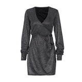 Chicology glitter wrap mini dress V neck sexy lace up women long sleeve 2019 autumn winter party club streetwear casual clothes